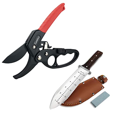 gonicc 8" Professional Ratchet Anvil Pruning Shears (GPPS-1011) and Hori Hori Garden Knife with Leather Sheath, Ratcheting Mechanism, Anvil Groove Design, Reinforced Design Handle.