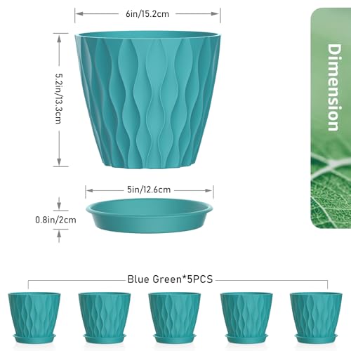Meowell 6 inch Flower Pots, 5 Pack Plant Pots for Indoor Plants, Water Ripples Plastic Planters with Drainage Holes and Saucers, Nursery Pots for Small Succulent Garden House Plants, Blue Green - color: Blue Green, size: 6 inch 5 pieces