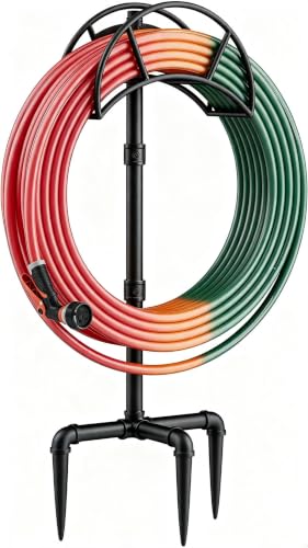 LAND·VOI Freestanding Garden Water Hose Storage Holder Stand for Outside, 160-Ft Hose Heavy Duty Metal Hanger Reel Organizer Outdoor Yard Lawn, Standing Keeper Rack with Ground Stake, Black GHH01B - size: 3 Spikes