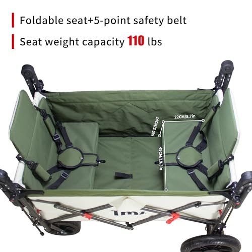 TMZ Collapsible Wagon with 2 Foldable Seats, Folding Wagon with Canopy, Multi Functional Cart with Adjustable Handle Bar, Front Expandable for Transport Camping (Green/Beige) - color: Green/Beige