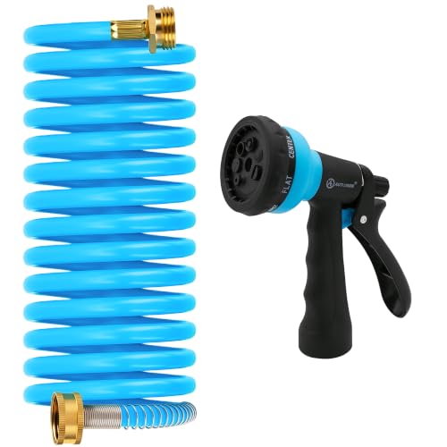 AUTOMAN Coil Garden Hose 15 ft, EVA Curly Water Hose with Brass Connectors, Recoil Garden Water Hose,Includes 7-Pattern Function Sprayer,Retractable,Corrosion Resistant Garden Coil Hose. - color: Blue, size: 15 ft