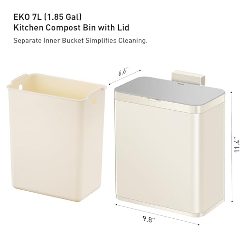 EKO Kitchen Compost Bin, 7L / 1.85 Gal Stainless Steel with Removable Inner Bucket and Deodorizer Compartment, 2-in-1 Countertop Compost Bin with Lid, Food Waste Caddy for Kitchen (Cream White) - color: White, size: 7L