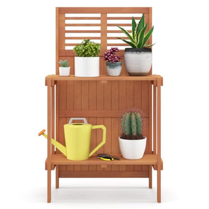 Foldable Potting Bench for Small Spaces, 25" Compact Wooden Garden Workstation with 2-Tier Storage Shelves, Outdoor Plant Table Garden Furniture Deck Plant Table for Patio Balcony Deck, Easy Assembly