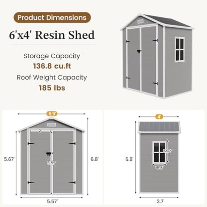 UDPATIO Outdoor Resin Storage Shed 6x4 FT, Plastic Shed for Garden, Grey
