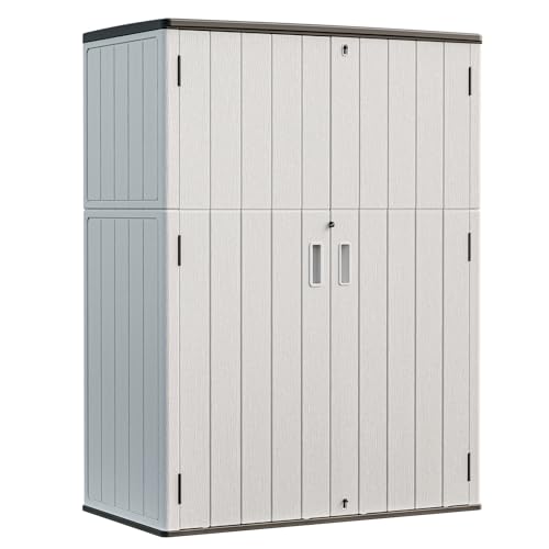 HOMSPARK Outdoor Storage Shed 57 Cu.Ft, All-Weather Resistant Resin Garden Sheds & Outdoor Storage Clearance with Floor, Double-Layer Plastic Tool Sheds for Patio, Garden & Lawn (Light Gray) - color: light gray, size: 57 Cu.ft