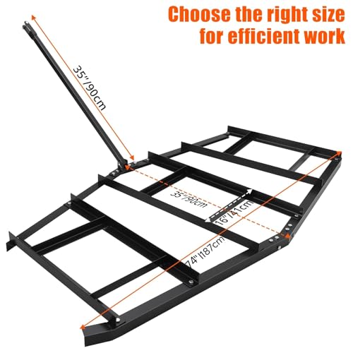 CABIHOME Heavy Duty Steel Drag Harrow & Lawn Leveling Rake, 74" Wide, Up to 50 lbs Capacity, Tow, Behind Grader for Tractor, ATV, UTV, Mower, Ideal for Sand, Gravel, Soil, Garden & Yard Maintenance