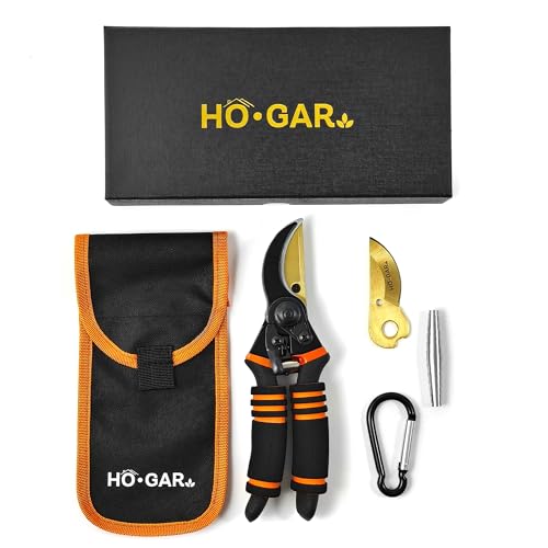 HO.GAR Premium Titanium Bypass Pruning Shears Kit: Heavy Duty Professional Hand Pruners, Gardening Scissors, Ergonomic Secateurs. Includes Blade and Spring Replacement + Pouch + Carabiner
