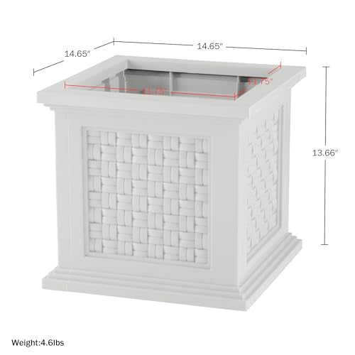 Rattan Style Outdoor Planter Box - 14.65-Inch-Square Decorative Flower or Plant Pot - Garden, Patio and Front Porch Decor by Pure Garden (White) - color: White