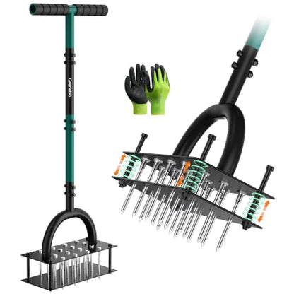 Grenebo Lawn Aerator Manual Aerator Lawn Tool with 16 Spikes, Black - color: Dark Green