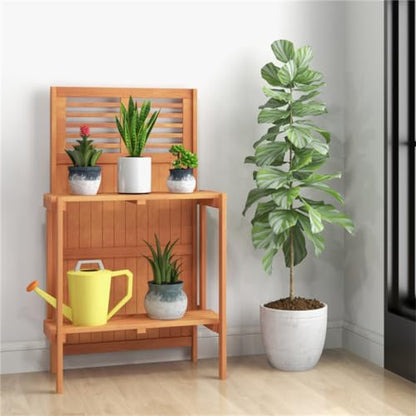 Foldable Potting Bench for Small Spaces, 25" Compact Wooden Garden Workstation with 2-Tier Storage Shelves, Outdoor Plant Table Garden Furniture Deck Plant Table for Patio Balcony Deck, Easy Assembly