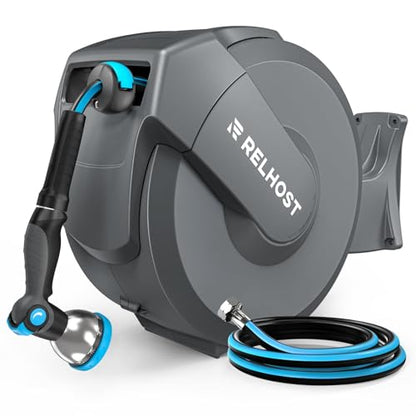 Retractable Garden Hose Reel, 5/8 in x 100 ft Wall Mount Heavy Duty Hose Reel with Any-Length Lock, Auto Rewind System, 180° Swivel Bracket, and 10-Pattern Nozzle for Garden, Dark Grey - color: Dark Grey, size: 100FT