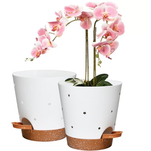 6 Inch Orchid Pot, 2 Pack Self Watering Plant Pots, Orchid Pots with Holes - color: White+brown