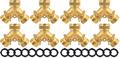 Hourleey Brass Garden Hose Splitter (2 Way), Solid Brass Hose Y Splitter 2 Valves with 2 Extra Rubber Washers (8 Pack) - size: 8 Pack - 2 Way