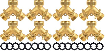 Hourleey Brass Garden Hose Splitter (2 Way), Solid Brass Hose Y Splitter 2 Valves with 2 Extra Rubber Washers (8 Pack) - size: 8 Pack - 2 Way