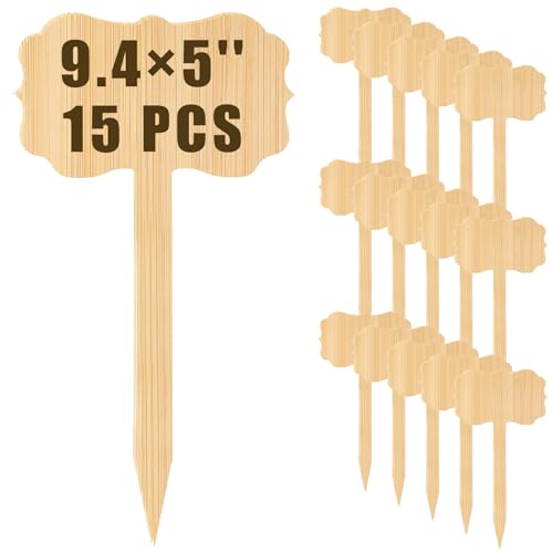 Hicarer 15 Pcs 9.4" x 5" Extra Large Bamboo Garden Markers, Retro Style Natural Wood T-Type Large Plant Labels for Herbs, Flowers & Vegetables – Easy to Read Full-Size Tags for Garden Outdoor - color: Retro Style, size: 9.4" X 5"