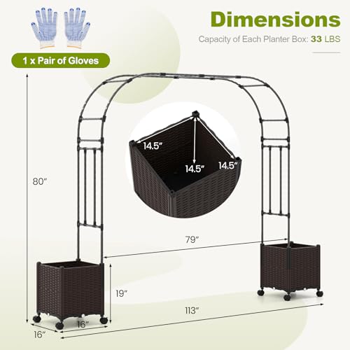 BECOMFORT 80”H Garden Arch Trellis with with 2 Self-Watering Planter Box, PE-Coated Metal Arbor with Lockable Wheels for Climbing Plants Outdoor Wedding Garden Party Backdrop & Flower Support - size: 113“Lx16"Wx80”H