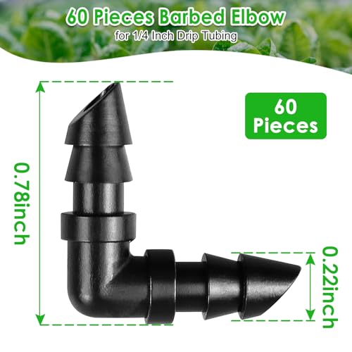 Drip Irrigation Barbed Elbow Fittings, 60 Pieces Drip Line Part Barbed Connectors for 1/4 Inch Tubing, Irrigation Elbow for Home Garden Lawn Pipe Supplies or Sprinkler Systems - size: 1/4" Elbow-60P