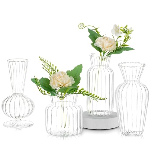 Glasseam Ribbed Glass Bud Vases for Flowers, Set of 4 Modern Home Decor - size: 4pcs