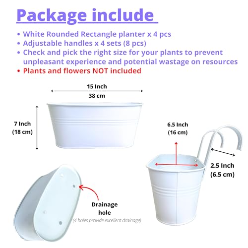 LaLaGreen Hanging Rail Planter (15 in, 4 Pack) White Large Metal Deck Pots - size: 15" (38cm) x 4 Pack