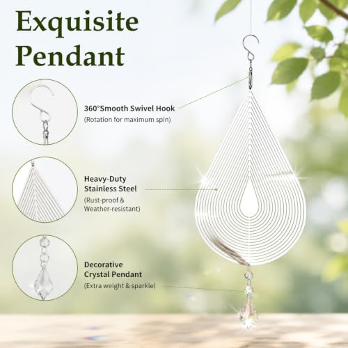 4 PCS 19" 3D Hanging Wind Spinners Water Droplets Stainless Steel Double Sided Hanging Decor for Outdoor and Gardens, Bird Devices Deterrent to Scare Birds Away from Yard Patio Farm