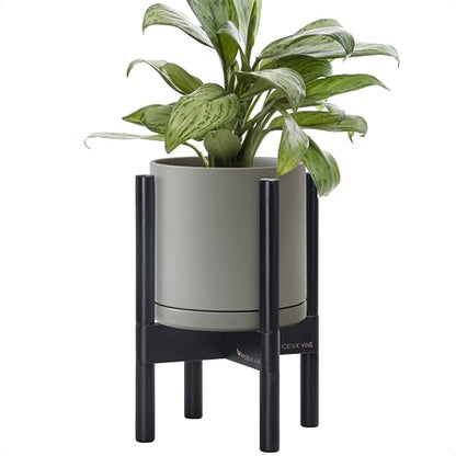 D'vine Dev Ceramic Pot with Ebony Wood Stand, Grey, 8 in, 55-B-M-3 - color: Grey Pot + Ebony Stand, size: 8 Inch