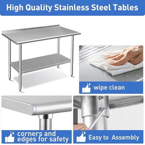 ROCKPOINT Stainless Steel Table for Prep & Work with Backsplash 24x48 Inches, NSF Metal Commercial Kitchen Heavy Duty Table with Adjustable Under Shelf and Table Foot for Restaurant, Home and Hotel - size: 24x48inch, style: with Backsplash