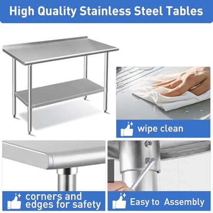 ROCKPOINT Stainless Steel Table for Prep & Work with Backsplash 24x48 Inches, NSF Metal Commercial Kitchen Heavy Duty Table with Adjustable Under Shelf and Table Foot for Restaurant, Home and Hotel - size: 24x48inch, style: with Backsplash