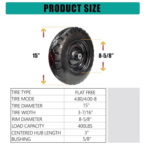 4.00-8 Solid Tire, 15" Heavy-Duty PU Wheelbarrow Replacement, Flat-Free Puncture Proof for Utility Carts & Garden Wagons, 5/8" Bushing, 2-Pack - size: 15"/4.00-8.