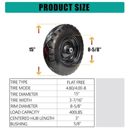 4.00-8 Solid Tire, 15" Heavy-Duty PU Wheelbarrow Replacement, Flat-Free Puncture Proof for Utility Carts & Garden Wagons, 5/8" Bushing, 2-Pack - size: 15"/4.00-8.