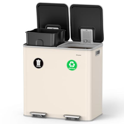 Lovewind 2×11.5 Gallon Dual Trash Can, Stainless Steel Dual Garbage and Recycling Can with Foot Pedal, 90° Stay-Open Lid, Large Dual Compartment Trash Recycling Bins Kitchen, Apricot - color: Apricot, size: 23 Gallon
