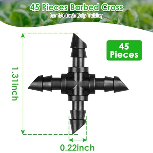Drip Irrigation Universal 1/4" Barbed Cross Fitting, 45 Pack Drip System Parts Double Barbed Cross Tee Connectors Fits 1/4-Inch Drip Tubing Irrigation for Drip Line Sprinkler System Connection - size: 1/4" Cross-45P