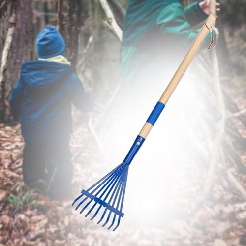 Garden Rake Leaf Rake Heavy Duty with Wood Handle Farming Home Garden Tool Accessories for Shrub Flower Beds Yard Lawns, Blue