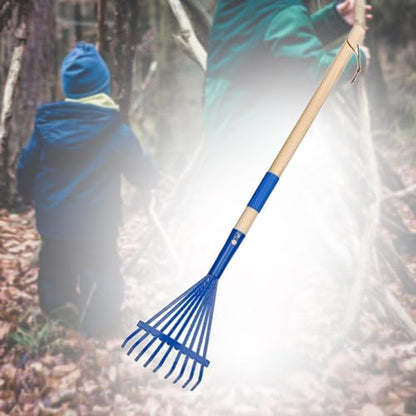 Garden Rake Leaf Rake Heavy Duty with Wood Handle Farming Home Garden Tool Accessories for Shrub Flower Beds Yard Lawns, Blue