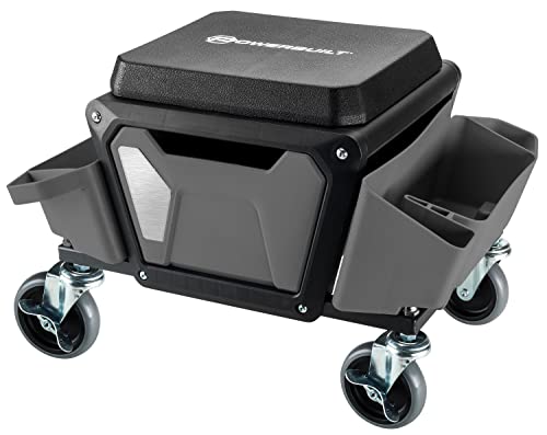 Powerbuilt Rolling Work Seat Brake Stool with 4-inch Rubber Lockable Wheels, Big Seating Platform, Tool Trays and Drawer 330 lb. Capacity, Mechanics, Gardening, Garage - 941881ECE, Grey - size: Compact with Seat Cushion