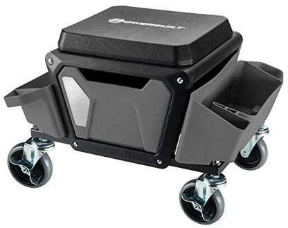 Powerbuilt Rolling Work Seat Brake Stool with 4-inch Rubber Lockable Wheels, Big Seating Platform, Tool Trays and Drawer 330 lb. Capacity, Mechanics, Gardening, Garage - 941881ECE, Grey - size: Compact with Seat Cushion