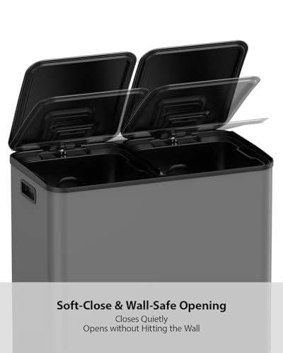 Lovewind Dual Trash and Recycling Bins for Kitchen, 2 * 11-Gallon Stainless Steel Double Trash Can, Step-On Garbage and Recycle Combo, Quiet Close, Pet-Proof, Compatible with 13-Gallon Bags, Grey - color: Gray, size: 2 x 11 Gallon