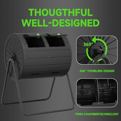 EasyUp Dual Chamber Tumbling Composter, 43 Gallon Outdoor Tumbling Composter, Rotating Design with Renovate Doors and Steel Frame(Black) - color: Black