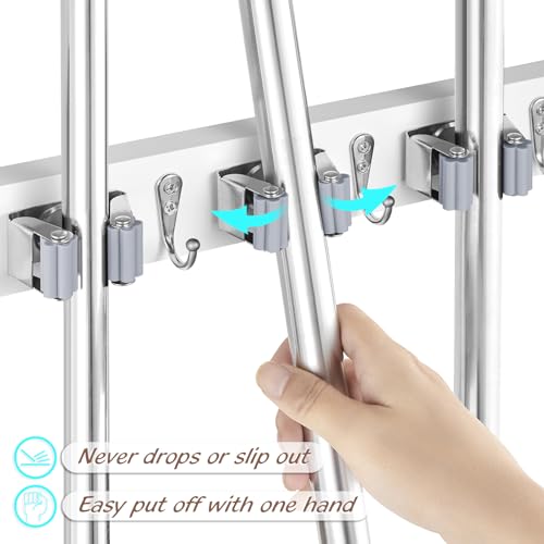 OUTNILI White Mop Broom Holder Wall Mount with 4 Slots & 4 Hooks - Wood Broom Mop Hanger for Pantry Closet Laundry Room Organization - Heavy Duty Garden Tool Organizer - White Kitchen Decor - color: White-4 Grips, size: 1 Pack