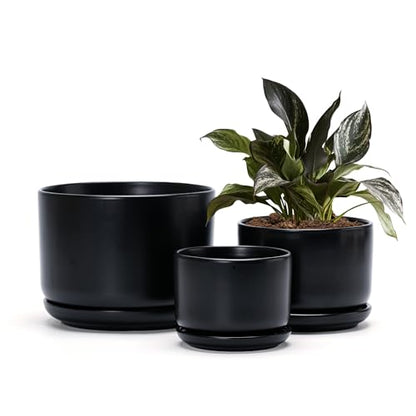 Flower Pots,Ceramic Pots with Drainage Holes & Saucer Set of 3(Matte Black) - color: Matte Black