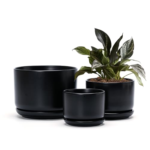 Flower Pots,Ceramic Pots with Drainage Holes & Saucer Set of 3(Matte Black) - color: Matte Black