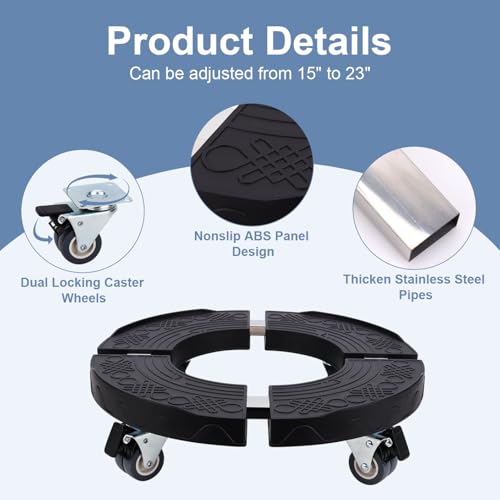 Commercial Products Trash Can Dolly with 4 Wheels - Adjustable 440lbs Load Capacity Heavy Duty Wheels for Barrel Dolly: 15-23 Inch Round - Multi Functional Plant Black