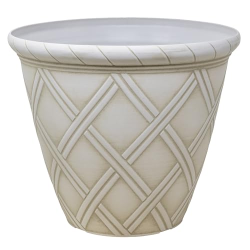 Garden Elements Trellis Decorative Lattice Planter, White Wash, 14in - Indoor/Outdoor Round Flower Pot with Raised Texture and Classic Garden Styling - color: White Wash