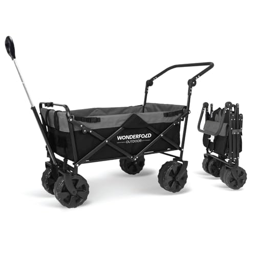 WONDERFOLD S2 Push & Pull Folding Utility Cart with Wide Beach Tires, Adjustable Push Handle, Telescopic Pull Handle with Spring Bounce Technology & Storage Pouch, Black/Gray - color: Black/Gray.