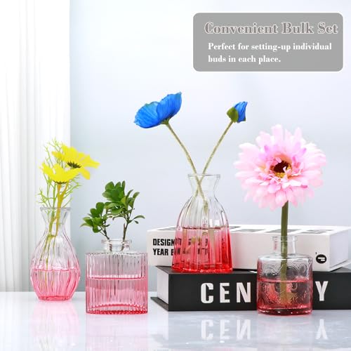 Glass Bud Vases Set of 4, Small Pink Flower Vases for Wedding Centerpieces - color: Pink