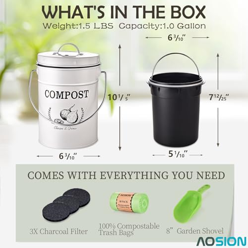 AOSION 1 Gallon Countertop Compost Bin for Kitchen with Lid,Odor Resistant - color: White(50 Pack Trash Bags & Garden Shovel)
