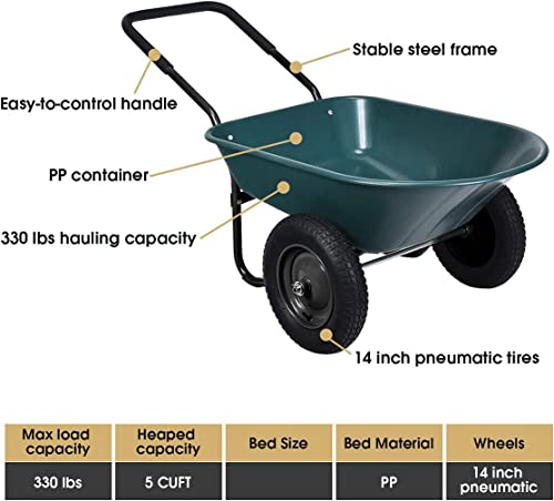 2-Wheeled Garden Wheelbarrow, Heavy Duty Garden Cart, Easy Loading and Dumping Utility Wagon for Outdoor Lawn Yard Farm Ranch, Green - color: Green