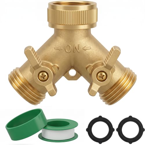 Hourleey Brass Garden Hose Splitter (2 Way), Solid Brass Hose Y Splitter 2 Valves with 2 Extra Rubber Washers (Brass) - size: 1 Pack - 2 Way
