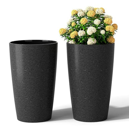 GIANTEX 21” Tall Round Plastic Planters Set of 2 w/Drainage System, Black - color: Black, size: 13"x13"x21"