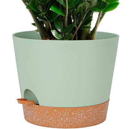 SwinDuck 12inch Large Self Watering Plant Pot, Plastic Cylinder Planter with 60Oz Deep Reservoir and Saucer for Indoor Outdoor Plants Flowers Houseplants, Green with Brown - color: Green With Brown