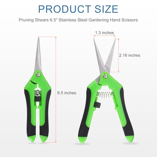 HARFINGTON Pruning Shears 6.5" Stainless Steel Gardening Hand Scissors with Straight Precision Blades & Lock Garden Clippers for Cutting Flowers Trimming Plants, Green